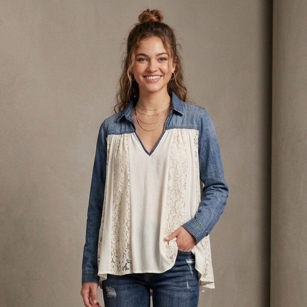 Free People Cream Lace Front Denim Contrast Top